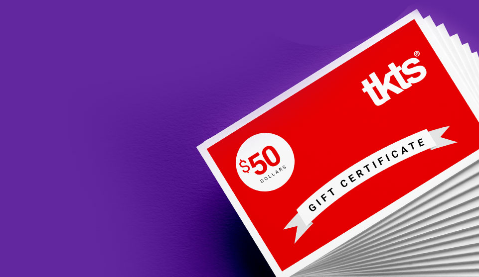 A stack of red $50 TKTS gift certificates with a purple background.